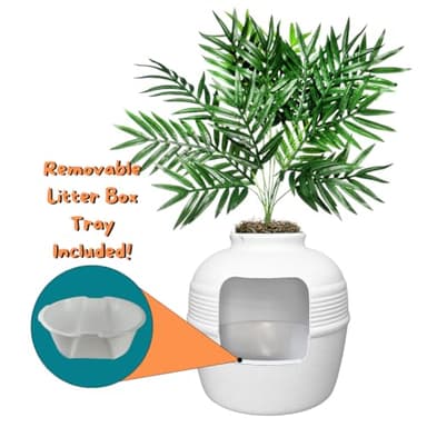 Good Pet Stuff Hidden Cat Litter Box Enclosure with Artificial Plant, Decorative Round Planter, Removable Tray, Charcoal Filter Odor Control, Easy-to-Clean, Made in USA, Essentials Kit, White - Image 3