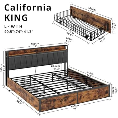 LIKIMIO California King Bed Frame with 4 Storage Drawers, Platform Bed with Charged Headboard, Sturdy and Stable, No Noise, No Box Spring Needed, Easy to Install, Vintage Brown and Gray - Image 2
