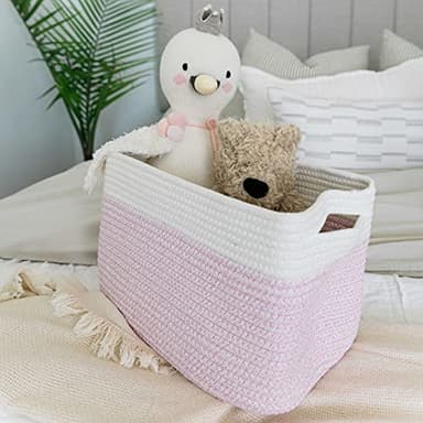 OrganiHaus Woven Storage Baskets for Organizing, Cotton Rope Organizer Bins for Shelves, Closet & Nursery, Dog Toy Basket, Decorative Bins for Toys, Towels & Books - 15x10x9, Pink/Off-White - Image 5