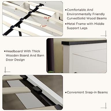 JXQTLINGMU Farmhouse Wood Bed Frame Queen Size with Sliding Barn Door Storage Cabinets and Headboard, Solid Wood Slats Support, Noiseless, No Box Spring Needed, Antique White - Image 5