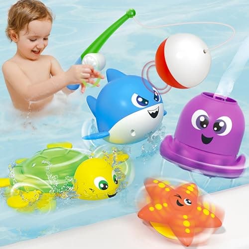 JOYIN Bath Fishing Toy Set for Toddlers - Magnetic Toy with Fishing Rod, Spinning Octopus and Starfish, Wind-up Shark and Turtle - Sensory Development for Infants - Image 1