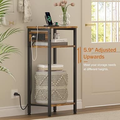 Asgolion Tall End Table with Charging Station, 3 Tier Narrow Tall Nightstand with Storage, Slim Side Table with USB Ports and Outlets for Bedroom, Living Room, Office, Rustic Brown and Black - Image 5