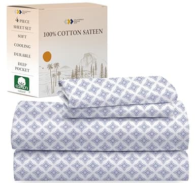 California Design Den Queen Bed Sheet Set, 100% Cotton Sateen Printed Pattern, Deep Pocket Queen Sheets & Pillowcase Set - Filigree - Image 1