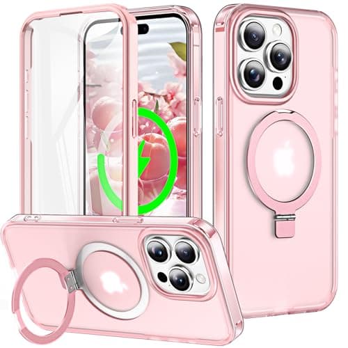 Turquiase for iPhone 14 Pro Full Body Shockproof Case with Magnetic Invisible Stand [Compatible with MagSafe] Built-in Screen Protector Military Drop ProtectionTranslucent Phone Cover -Pink - Image 1