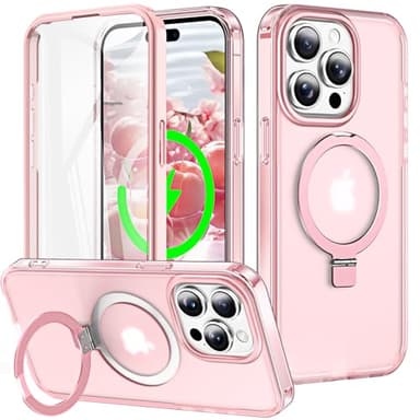 Turquiase for iPhone 14 Pro Full Body Shockproof Case with Magnetic Invisible Stand [Compatible with MagSafe] Built-in Screen Protector Military Drop ProtectionTranslucent Phone Cover -Pink - Image 1