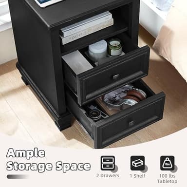 SAVOR LIFE Farmhouse Nightstand Set of 2 with Charging Station, Rustic Black Nightstand,2 Drawers End Table for Living Room,Bedside Table with Open Shelf for Bed Room,Black - Image 5