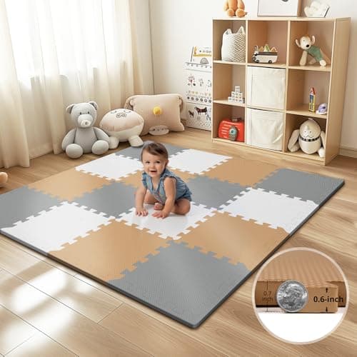 16 Tiles Baby Play Mat for Floor, EVA Foam Baby Floor Play Mat with 0.6 Inch Thick Interlocking Foam Tiles, Foam Floor Tiles for Baby, Toddlers and Kids (Grey-White- Brown, 16PCS) - Image 1