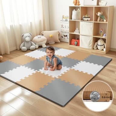 16 Tiles Baby Play Mat for Floor, EVA Foam Baby Floor Play Mat with 0.6 Inch Thick Interlocking Foam Tiles, Foam Floor Tiles for Baby, Toddlers and Kids (Grey-White- Brown, 16PCS) - Image 1