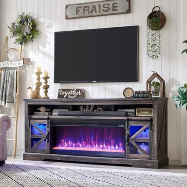OKD Fireplace TV Stand for 85" TV, 33" Tall Highboy Farmhouse Entertainment Center w/ 42'' Electric Fireplace & LED Light, Rustic Media Console w/Sliding Barn Door for Living Room, Drak Rustic Oak - Image 6