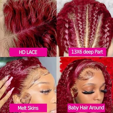 250% Density 99J Burgundy 13x6 Deep Wave HD Lace Front Wigs Human Hair for Women Glueless Burgundy Deep Curly Lace Frontal Wigs Brazilian Virgin Human Hair Wigs Pre Plucked with Baby Hair(#99j,30Inch) - Image 4