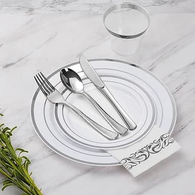 Goodluck 175 Piece Silver Dinnerware Set for 25 Guests, Plastic Disposable Plates for Party, Includes Dinner and Dessert Plates, Paper Napkins, Cups, Silverware Set - Image 2