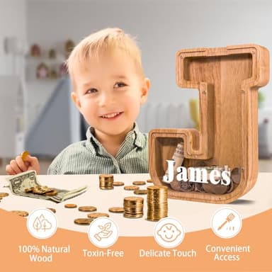 JOOMLAFLY Wooden Letter Piggy Bank for Kids Larger Letter Piggy Bank for Boys and Girls Personalized Piggy Bank Initial Coin Bank Wood Kids Money Bank for Birthday and Festival - Image 2