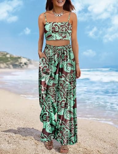 YESNO Women Summer Boho Palazzo Pants High Waist Wide Leg Floral Casual Cotton Lounge Trousers with Pockets L PP0 CR430 - Image 2