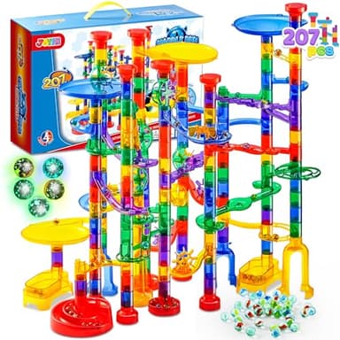 JOYIN 207Pcs Glowing Marble Run, Construction Building Blocks Toys with 5 Glow in The Dark, STEM Toy for Boys and Girls, Educational Toy, Gift for Christmas(147 Plastic Pieces + 60 Glass Marbles) - Image 1