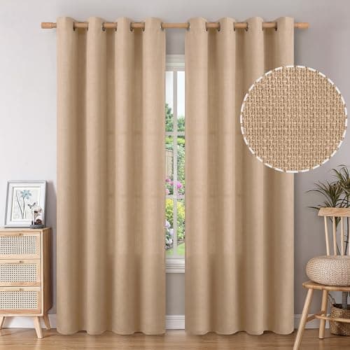 BGment Tan Curtains 84 Inch for Living Room - Light Filtering Faux Linen Look with Burlap Texture, Rustic Farmhouse Window Panels (Set of 2, 52" Wide) - Image 1