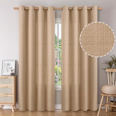 BGment Tan Curtains 84 Inch for Living Room - Light Filtering Faux Linen Look with Burlap Texture, Rustic Farmhouse Window Panels (Set of 2, 52" Wide) - Image 1