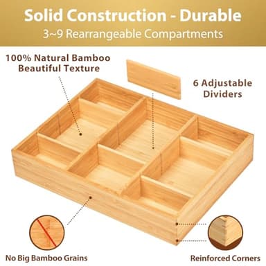 Umilife Desk Drawer Organizer, Bamboo Wood Organizer Tray with Adjustable Compartments, Office Desk Accessories Supplies Organization Storage, 12" x 9" - Image 2