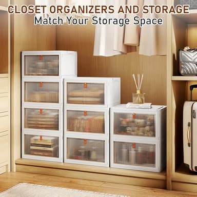 4 Tier Storage Bins with Lids, 23QT Stackable Closet Organizers and Storage with Wheels, Collapsible Storage Boxes, Foldable Plastic Storage Containers for Home,Office, Dorm Room-White - Image 5