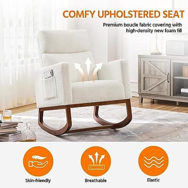 Yaheetech Upholstered Rocking Chair, Boucle Glider Chair Nursery Chair with High Back and Side Pocket, Rocking Accent Armchair with Rubber Wood Legs for Living Room/Bedroom/Nursery, Ivory - Image 4