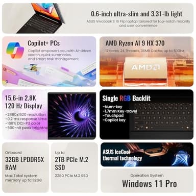ASUS Vivobook S AI Copilot+ PC Business Laptop, 15.6" 2.8K 120Hz, AMD Ryzen AI 9 HX 370, 32GB RAM, 2TB SSD, Radeon Graphics, Wi-Fi 6, RGB Backlit KB, W11 Pro, Bundle with ADATA 512GB External SSD - Image 2