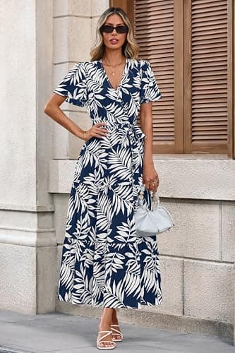 MASCOMODA Womens Summer Boho Maxi Dress Floral Wrap V Neck Flutter Short Sleeve Tie Waist A Line Tiered Flowy Long Dresses(Navy White Flower,Large) - Image 6