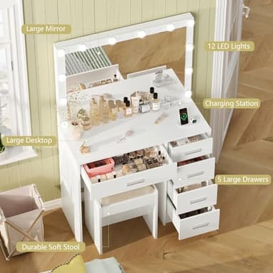 usikey Vanity Desk with Mirror and Lights, Vanity with Charging Station, Makeup Vanity with Large Mirror & 5 Drawers, Dressing Vanity Table with Stool for Bedroom, White - Image 3