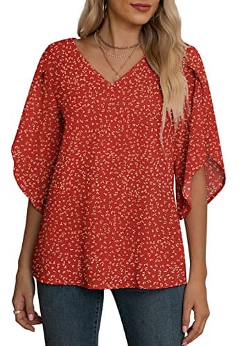 Jouica Blouse for Women Elegant Casual Chiffon Blouses Tops Dressy Casual 3/4 Sleeve Blouses for Work,Flower Wine Red,Large - Image 4
