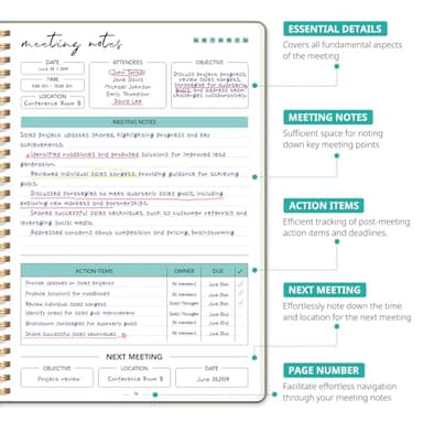 Taja Meeting Notebook for Work Organization - Work notebook with action items, Meeting Minutes Planner Notebook, Perfect Office Supplies for Men & Women - Green - Image 2