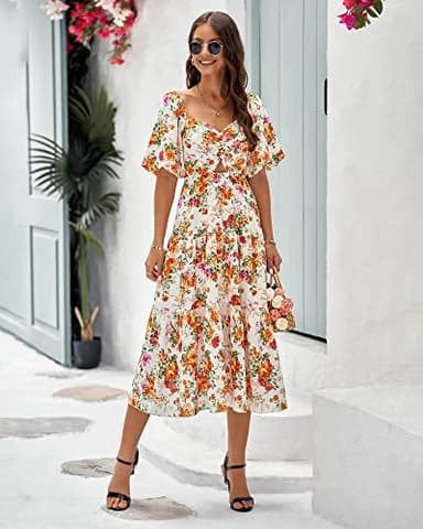 BTFBM Women Summer Dresses 2025 Casual Flowy Beach Square Neck Puff Short Sleeve Smocked Back Boho Floral Long Maxi Dress(Floral White Orange, Large) - Image 6