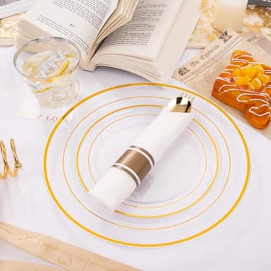 DaYammi 350PCS Clear Gold Plastic Dinnerware Set for 50 Guests, Fancy Disposable Plates for Party, Include: 50 Dinner Plates, 50 Dessert Plates, 50 Pre Rolled Napkins with Gold Silverware, 50 Cups - Image 7