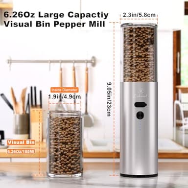 COKUNST Newly Upgraded Electric Salt or Pepper Grinder, USB Rechargeable Grinder with 6.26Oz Lagre Capactiy Visual Silo & Suction Dust Cover, Automatic Mill Pepper Shaker - Image 3