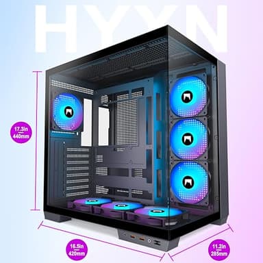 HYXN H1 HYXN ATX PC Case - Pre-Installed with 7 PWM ARGB Fans - Dual Cavity Mid-Tower PC Gaming Case - with Type-C - Can Hold up to 3X 360mm heatsinks simultaneously (Black, H1) - Image 6