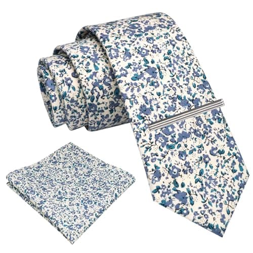 RBOCOTT 2.4" Cotton Floral Skinny Tie Necktie and Pocket Square With Tie Clip Set Flower Print Necktie for Wedding Party (6cm-8) - Image 1