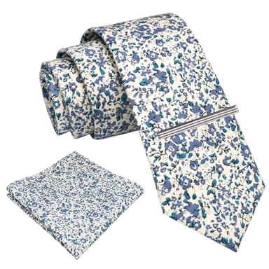 RBOCOTT 2.4" Cotton Floral Skinny Tie Necktie and Pocket Square With Tie Clip Set Flower Print Necktie for Wedding Party (6cm-8) - Image 1