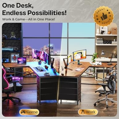 Huuger 63 Inch L Shaped Desk with Fabric Drawers, Computer Office Desk with Power Outlets and USB-C Port, Corner Desk with Storage Shelves, for Gaming Work Study Home Office, Reversible, Rustic Brown - Image 8