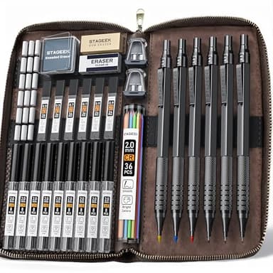 30PCS Black Metal Mechanical Pencil Set in Leather Case, 0.5/0.7/0.9/2.0mm Art Drafting Pencils with 16 Tubes Graphite Leads (6B 4B 2B HB 2H 4H) & Colored Refills for Sketching, Drawing, Writing - Image 1