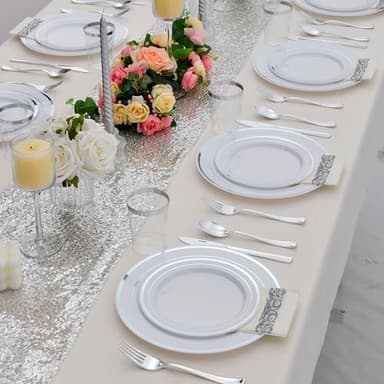 ISFANGCO 700 PCS Silver Plastic Dinnerware for 100 Guests, Silver Disposable Plate for Party Wedding with 100 Dinner Plates, 100 Dessert Plates, 100 Silverware Set, 100 Cups, 100 Napkins - Image 7