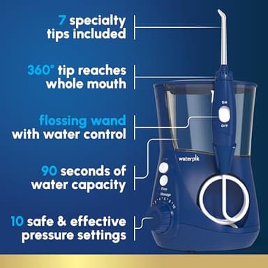 Waterpik Aquarius Water Flosser For Teeth Cleaning, Gums, Braces, Dental Care, Electric Power With 10 Settings, 7 Tips For Multiple Users And Needs, ADA Accepted, Blue WP-663, Packaging May Vary - Image 2