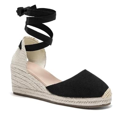 U-lite Womens Espadrille Wedge Sandals Closed Toe Platform Lace Up Ankle Strap Slingback Summer Dress Shoes Black Suede-2.5" 8.5 - Image 2