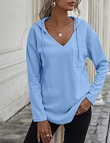 morhuduck Women's V Neck Hoodies Long Sleeve Sweatshirt Drawstring Pullover Tops with Pocket, Blue L - Image 5