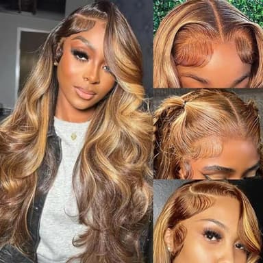 QUANDIAN 30 Inch 13x6 Body Wave Highlight Ombre Lace Front Wig Human Hair 13x6 HD Lace Front Wigs Human Hair 180% Density P4/27 Colored Wigs Honey Blonde Glueless Wigs Human Hair Pre Plucked Pre Cut - Image 1