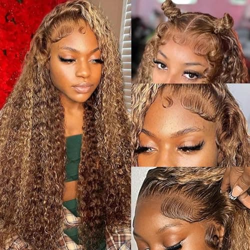 ZZMDS 13x6 Deep Wave Lace Front Wigs Human Hair Pre Plucked #4/27 Highlight Ombre Colored Glueless Wigs Water Wave Honey Blonde Curly Lace Frontal Wigs Human Hair for Women with Baby Hair 22 Inch - Image 1