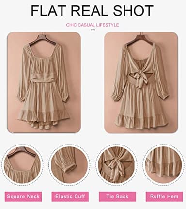 Dokotoo Beach Vacation Clothes for Women 2025 Square Neck Tie Backless Sexy Dresses Lantern Long Sleeve Summer Outifits Ruffle A-Line Beach Dress Casual Elastic Waist Mini Dress Large Khaki - Image 3