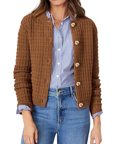 PRETTYGARDEN Women's Knit Cardigan Sweaters Casual Long Sleeve Open Front Button Down Trendy Jackets Outerwear (Coffee,Medium) - Image 1
