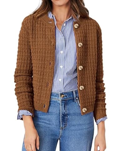 PRETTYGARDEN Women's Knit Cardigan Sweaters Casual Long Sleeve Open Front Button Down Trendy Jackets Outerwear (Coffee,Medium) - Image 1