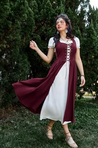 Scarlet Darkness Medieval Dress for Women Renaissance Costume Fairy Elf Short Sleeve Irish Chemise Dress & Overdress Wine 2XL - Image 8