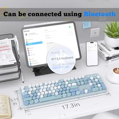 UBOTIE Dual Mode Colorful Wireless Keyboard, Bluetooth and USB Receiver Retro Typewriter Round Keycaps Keyboard Support Multi Devices for PC Laptop Tablet Phones(Blue Colorful) - Image 6