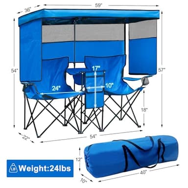WTVIDAS Double Beach Chair with Canopy Shade Heavy Duty Camping Chairs with Cup Holder Folding Loveseat for Outside Lawn - Image 2