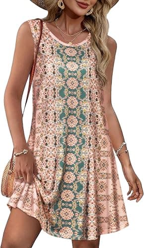 Sundress for Women Floral Bohemian Dress Sleeveless Loose Aline Beach Cover Up(Pink Boho Flower,M) - Image 1