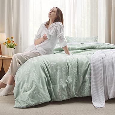 Bedsure Queen Comforter Set - Sage Green Bed Set, 3 Pieces Cute Floral Bedding, 1 Soft Reversible Botanical Flowers Comforter and 2 Pillow Shams - Image 3